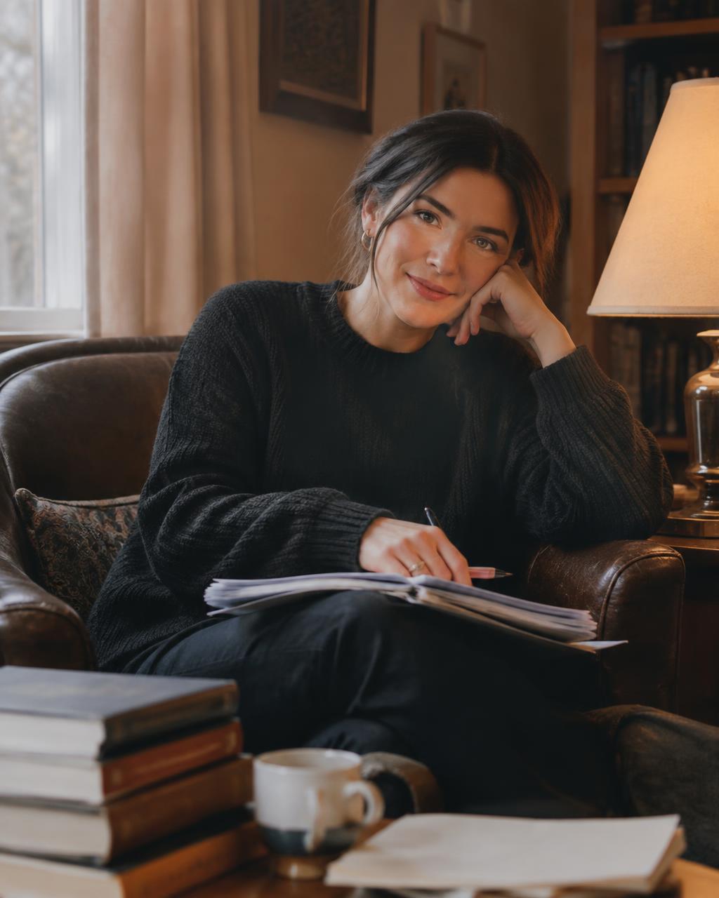 A writer sitting in a reading chair with a manuscript